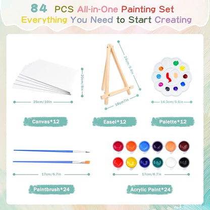 12Pack 8x10 Inch Canvas and Easel Set, Sip and Paint Kit for Adults,Art Canvas Bulk with Easels Stands, Trays,Small Paint Brushes,12 Colors Mini Acrylic Paint Set for Couples,Kids and Party Supplies