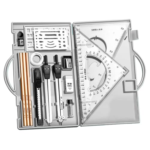 Professional Geometry Set(16Pcs) - Geometry Kit For Artists And Students | Geometry Set With Metal Rulers | Triangle Ruler Compass Protractor Set | Architecture Drawing Pencils Drafting Set - color: Transparent