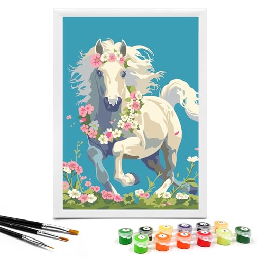 Nariolar Paint by Numbers for Kids Ages 4-8 with 7X9.5 inch Pre-Printed Cardboard,12 Acrylic Paint Pots and 3 Painting Brushes, Craft Gift Room Decor for Children,(Horse with Wreath) - color: Horse with Wreath
