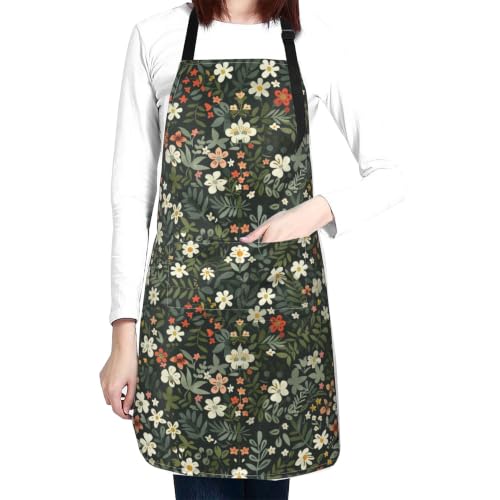 Fresh Meadow Floral Waterproof Apron with Pockets | Housework Aprons for Men Women Adjustable Bib Apron for Cooking Kitchen Baking BBQ Painting Garden Oil Resistant - color: Luminous Night Meadow