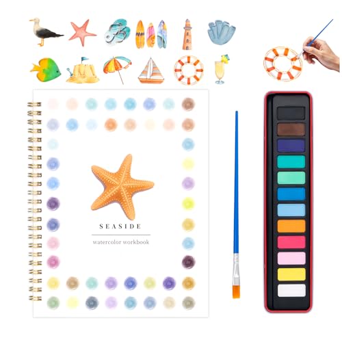 Watercolor Workbook for Adults, Beginner Friendly Watercolor Painting Kit Seaside Water Coloring Book, Nature-Themed Practice Art Gift Water Color Paint Book with Palette and Brush - color: Seaside