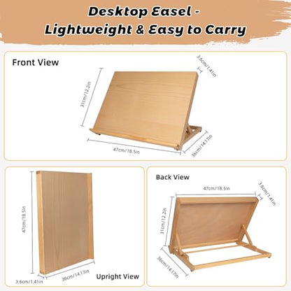 28 Pack Tabletop Easel Set,18.5"x12" Adjustable Portable Beechwood Drawing Board with 12 Paints, Canvas, Brushes, Sketchbook & More, Art Supplies for Kids Adults Beginners