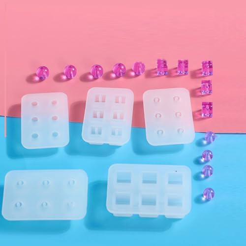 MYDUOLIA 8-Piece Silicone Round/Square Mold Set (4 Holes + 4 Solid Bases) - Jewelry Making Kit for Resin Earrings, Pendants, Bracelets - Reusable Epoxy Casting Molds for DIY Gemstone & Bead Crafts