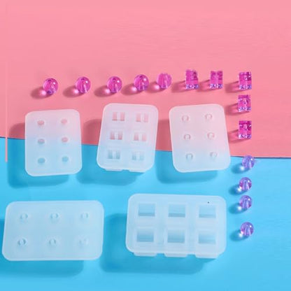 MYDUOLIA 8-Piece Silicone Round/Square Mold Set (4 Holes + 4 Solid Bases) - Jewelry Making Kit for Resin Earrings, Pendants, Bracelets - Reusable Epoxy Casting Molds for DIY Gemstone & Bead Crafts