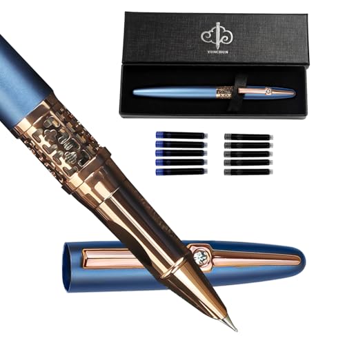 YUNCHUN Refillable Fountain Pen Fine Nib, Fancy Ink Pen with 10 Black & 10 Blue Ink Refills Cartridges, Cool Ink Pens for Writing, Business Metal, Best Gift Set for Men & Women, Blue - color: Blue, style: Fine Point