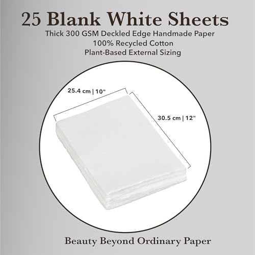 Wanderings Handmade White Deckle Edge Blank Paper - 10" x 12" - Recycled - Pack of 25 - Watercolor/Mixed Media Paper - Artwork Posters Signs Menus Invitations - Extra 300 GSM - Large - size: 10"x12"