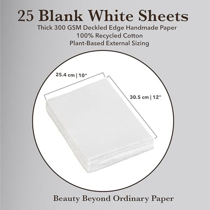 Wanderings Handmade White Deckle Edge Blank Paper - 10" x 12" - Recycled - Pack of 25 - Watercolor/Mixed Media Paper - Artwork Posters Signs Menus Invitations - Extra 300 GSM - Large - size: 10"x12"