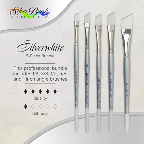 Silver Brush Limited SW-1587S Silverwhite Short Handle Angle Brushes with Soft Synthetic Taklon, 5pc Premium Artist Painting Bundle for Acrylics, Watercolor, Gauche, Ink, Dye, Craft Paint, & Tempera - style: 5 Pc, Short Handle Angles