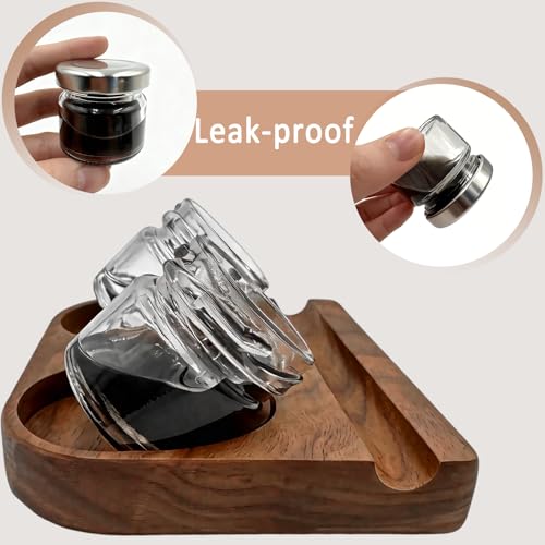 Wooden Tilting Calligraphy Pen Holder with 2 Glass Ink Bottle Container, Calligraphy Oblique Nib Holder Stand Base Set, Non-Slip Base Ink Bottle Holder for Dip Pen, Desktop Table Decoration