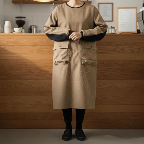 Long Sleeves Smock Water Resistant Waterproof Work Gown Large Pockets Full Coverage Apron for Baristas, Hairdressers - color: Brown