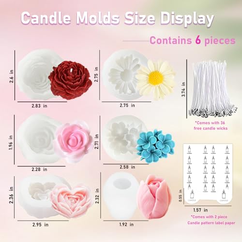 6 Pcs Flower Candle Resin Mold 3D Heart Rose Daisy Peony Tulip Silicone Mold for Candle Soap Chocolate Resin Making Silicone Mold Rosas Silicona para Velas Valentine Day Gift - color: 6 Pcs Flower Mold Set