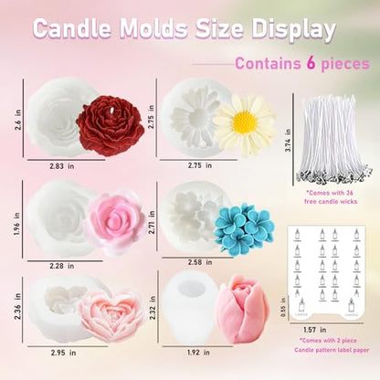 6 Pcs Flower Candle Resin Mold 3D Heart Rose Daisy Peony Tulip Silicone Mold for Candle Soap Chocolate Resin Making Silicone Mold Rosas Silicona para Velas Valentine Day Gift - color: 6 Pcs Flower Mold Set