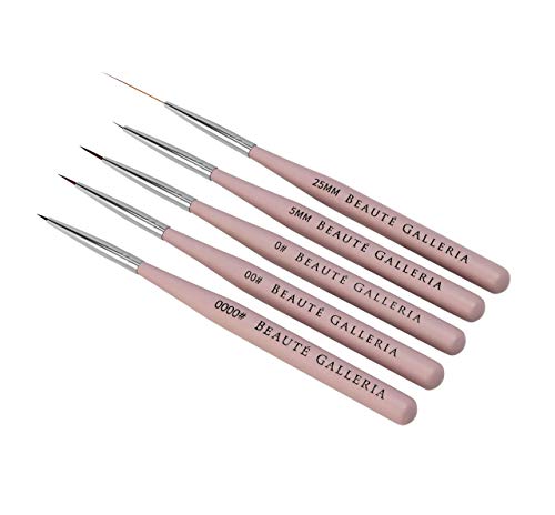 Beaute Galleria 5 Pieces Nail Art Brush Set with Liners (4mm, 7mm, 9mm) Striping Brushes (5mm, 25mm), for Thin Fine Line Drawing, Detail Painting, Striping, Blending, One Stroke