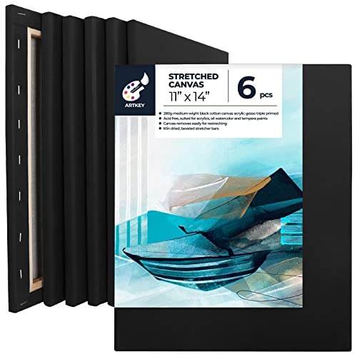 Artkey Black Canvas, 11x14 Inch 6-Pack Stretched Canvases for Painting, 10 oz Triple Primed Acid-Free 100% Cotton Black Canvas for Painting, Paint Canvas for Acrylics Pouring Oil Watercolor Paints - size: 11"X14"(6-PACK)
