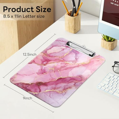 Plastic Cute Clipboard Low-Profile Metal Clip, A4 Letter Size 9 x 12.5 in, 8.5 x 11 Paper Clip Board for Teachers, Nurses, Classroom,Pink Marble - color: Pink Marble