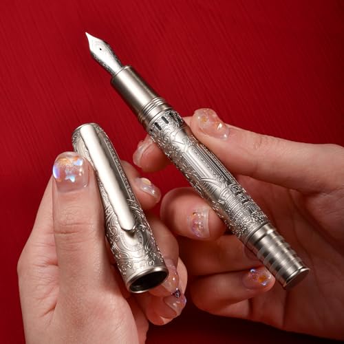 Hongdian 100 Silver Steel Piston Fountain Pen, Iridium Extra Fine Nib Calligraphy, Smooth Writing Pens, Nice Writing Pen for Men & Women - color: Silver-100, style: Extra Fine Point