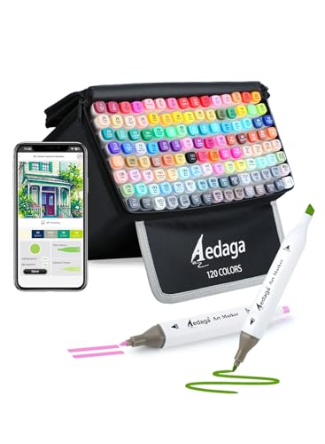 AEDAGA 120 Colors Alcohol Markers with Free App, Dual Tip Art Marker with Kickstand Case for Artists Adults. Alcohol Based Markers for Coloring Painting Sketching and Drawing, Great Gift - color: 120 Colors