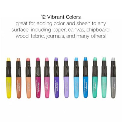 KINGART Mixed Media Gel Stick Crayons, Metallic, Set of 12-Colors | Shimmer Effects: Brush on water for watercolor effects; odorless and non-toxic