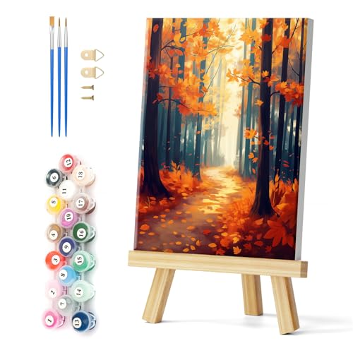 Natuyalo Framed Paint by Number Kits for Adults Beginners, Forest Path Easy Acrylic Adult Paint by Number Kits, Autumn Landscape DIY Painting by Numbers Kits with Frame 12x16 Inch - color: Color-03