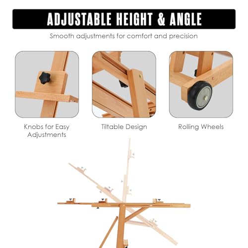 Houseables Easel for Painting, H Frame Easel, Painting Stand, Floor Standing, for Large Canvas, Adjustable, Tilt Flat, Rolling Wheels, Wood, Studio, Adults, Painters, Arts & Crafts, Fits 80” Canvas