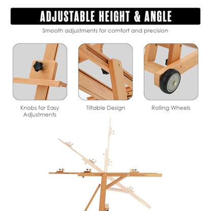 Houseables Easel for Painting, H Frame Easel, Painting Stand, Floor Standing, for Large Canvas, Adjustable, Tilt Flat, Rolling Wheels, Wood, Studio, Adults, Painters, Arts & Crafts, Fits 80” Canvas
