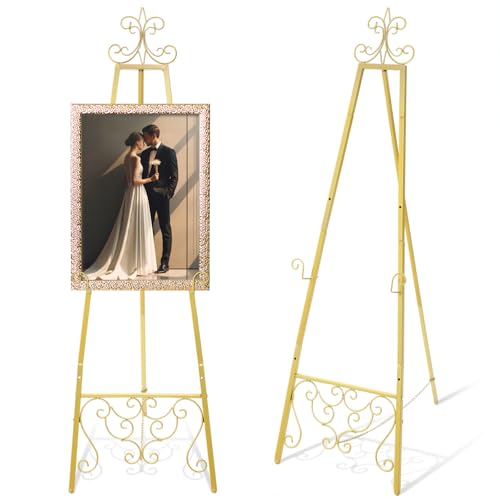 Gold Easel Stand for Wedding Sign, 55'' Adjustable Vintage Scroll Floor Display Stand with Chain Support for Welcome Poster, Art, Photo, Decorative Event Display - color: Gold, size: 55'' X 18.25''