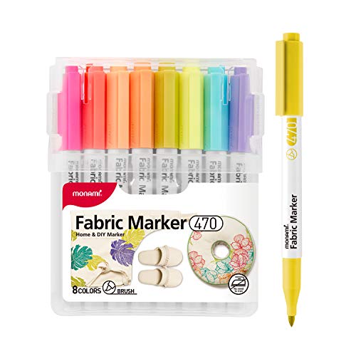 MONAMI Fabric Marker 470(SET B), Brush Tip, No Ironing required Premium Fabric Markers for T-shirts, Textiles, Shoes, Eco-Bags and More, Machine Washable, Additional 8 Color Pack with Stand-up Case - size: 1 Count (Pack of 8)