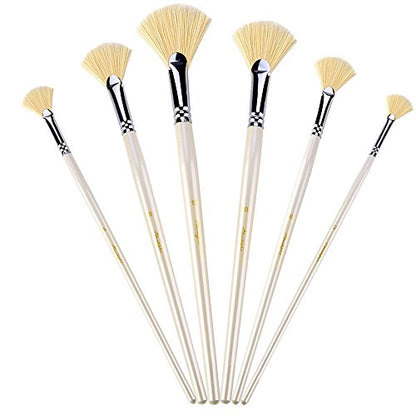 Amagic Fan Brush Set - Hog Bristle Natural Hair - Artist Soft Anti-Shedding Paint Brushes for Acrylic Watercolor Oil Painting, Long Wood Handle with Case, Set of 6