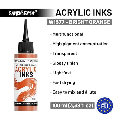 KAMENSKAYA Acrylic Inks for Artists - Bright Orange Acrylic Ink, 3.38 Fl Oz (100 ml) - color: Bright Orange