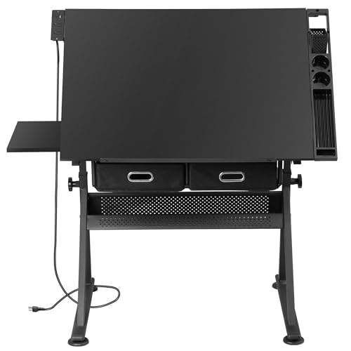 ZENY Adjustable Drafting Table with Stool, Tilting Drawing Desk Artist Table with Storage Drawers, Art Craft Workstation for Home Office Reading, Writing, Crafting (Black-with Outlet) - color: Black-with Outlet