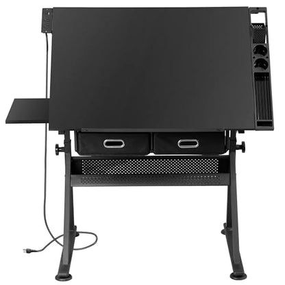 ZENY Adjustable Drafting Table with Stool, Tilting Drawing Desk Artist Table with Storage Drawers, Art Craft Workstation for Home Office Reading, Writing, Crafting (Black-with Outlet) - color: Black-with Outlet