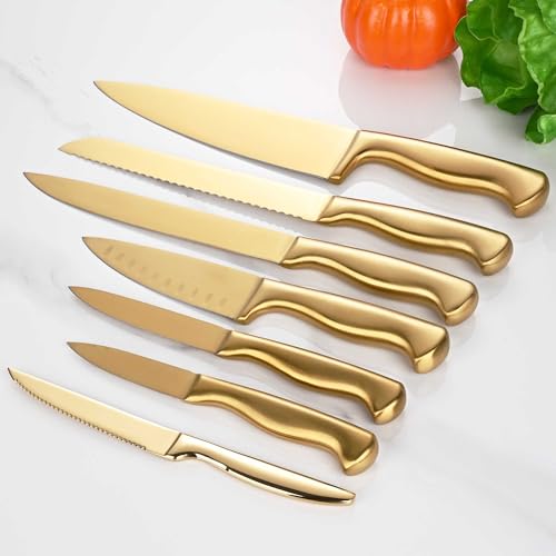 15-Piece Gold Kitchen Knife Block Set with Sharpener, Stainless Steel Knives Set for Kitchen, Chef Gold Kitchen Knife Sets with Scissors, Steak Knives - color: Gold