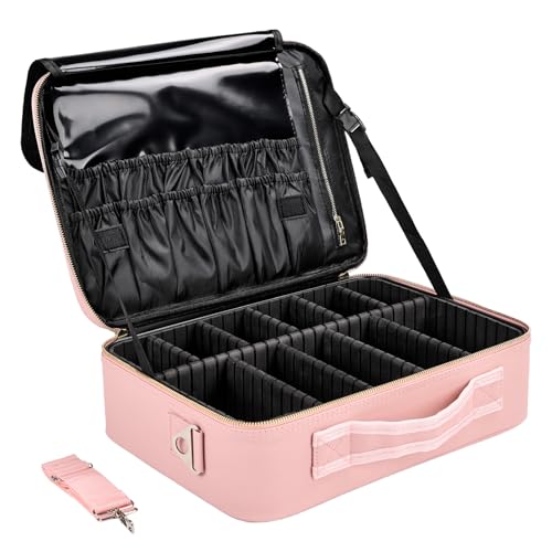 Travel Makeup Bag with Brush Holder, Professional Cosmetic Train Case Organizer, Portable Travel Makeup Brush Carry Case Artist Storage Box with Adjustable Dividers and Shoulder Strap, Leather Pink - color: Pink Leather, size: Medium