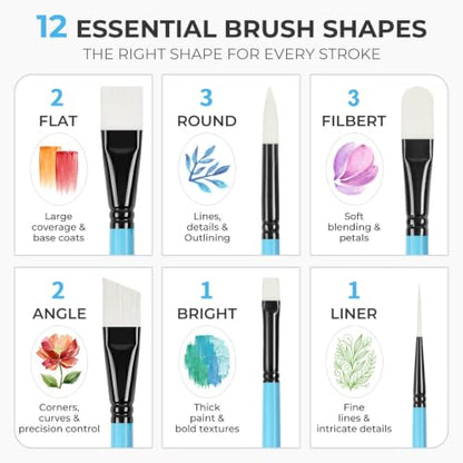 Nicpro 12PCS Artist Paint Brush Set, Firm Synthetic Bristle Paint Brushes for Acrylic Painting & Oil, Flat Round Filbert Angle Bright Liner Brushes for Canvas, Gouache, Tempera, Craft, Model, Fabric - color: Black-blue