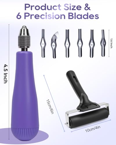 UCEC 1+1+1+12 Pack Linocut Carving Tools Linoleum Cutter for Block Printing Supplies Linocut Tools & Beginners 6 Blades Universal Size Purple With A Brayer Roller(4 Inch)
