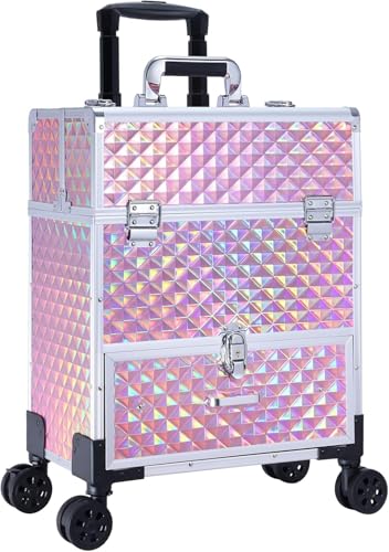 Professional Rolling Makeup Case with Drawer for Makeup Artists Cosmetic Train Case Large Storage Case for Nail Technicians Cosmetology Case with Detachable Bag for Hairstylist Pink - color: Pink with Drawer