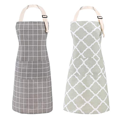 Tosewever 2 Pieces Cotton Linen Waterproof Bib Kitchen Apron with Pockets - Long Ties Adjustable Neck Strap - Unisex BBQ Cooking Drawing Crafting Aprons for Women Chef (Grey/Green, 2) - color: Grey/Green