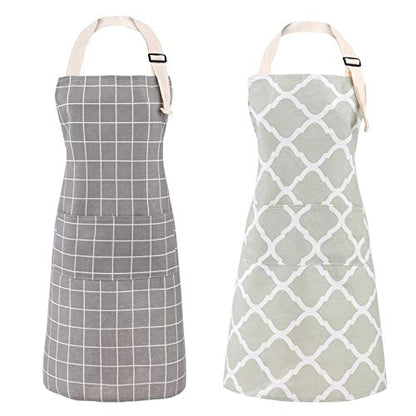 Tosewever 2 Pieces Cotton Linen Waterproof Bib Kitchen Apron with Pockets - Long Ties Adjustable Neck Strap - Unisex BBQ Cooking Drawing Crafting Aprons for Women Chef (Grey/Green, 2) - color: Grey/Green