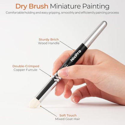 Nicpro Dry Brush Miniature Painting, 7 Sizes Professional Acrylic Drybrush Set with Storage Case, Hobby Detail Paint Brushes for Tabletop & Wargames Miniatures Models Figures Painting