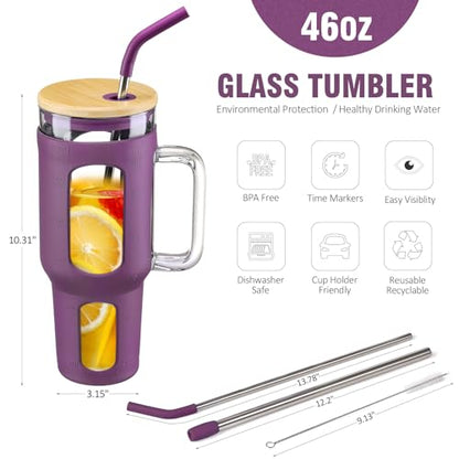 Glass Tumbler with Lid and Straw, 46 oz Iced Coffee Cup with Handle, Glass Water Bottles with Silicone Sleeve, BPA Free-Dark Purple - color: Dark Purple, size: 46 Ounces