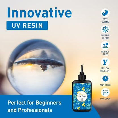 Bsrezn 200g UV Resin Kit with Light, Crystal Clear Solar Activated UV Epoxy Resin for Jewelry Making (100g x 2) - size: 200g Kit with Light
