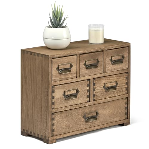 KIRIGEN Wood Desk Drawer Cabinet Organizer, 6-Drawer Mini Storage Chest with Metal Label Holder Handles, Fully Assembled Desktop Organizer for Office Supplies, Crafts, Makeup, Brown 3D6CG-DBR - color: Dark Brown, size: 3 Layer-6 Drawers
