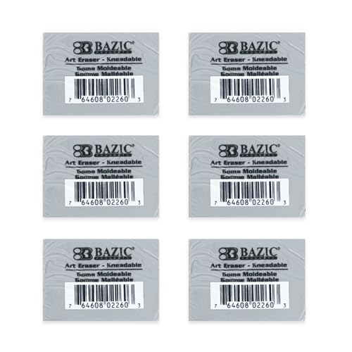 BAZIC Products Kneaded Art Eraser, Moldable, for Drawing & Charcoal, 6-Pack | Soft gray kneaded art eraser, molds in your hand to lift pencil, pastel without crumbs, artists