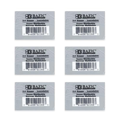 BAZIC Products Kneaded Art Eraser, Moldable, for Drawing & Charcoal, 6-Pack | Soft gray kneaded art eraser, molds in your hand to lift pencil, pastel without crumbs, artists
