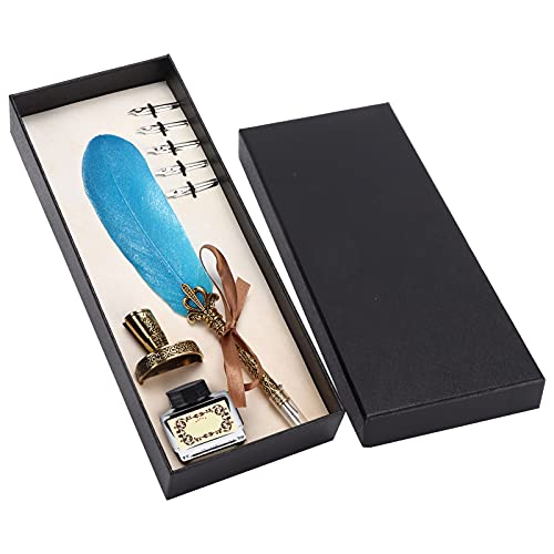 Pen Set, Vintage Calligraphy Writing Suit with Metal Holder and Glass Ink Bottle, 1-5mm Flat Nib for Gothic Italian Script, Complete Gift Box for Teachers Couples Elders (Dark Blue) - color: Dark Blue