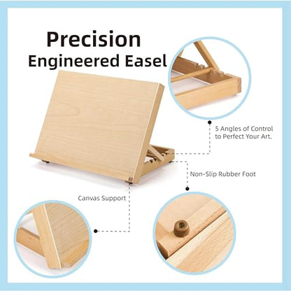 Adjustable Beech Wood Tabletop Easels for Painting and Drawing Supplies - Portable Drafting Table & Art Stand, 5-Position Desk Easel with Smooth Art Board for Studio Sketching (16.5" x 12.5")