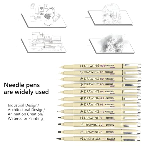 Micro Fineliner Drawing Art Pens: 12 Black Fine Line Waterproof Ink Set Artist Supplies Archival Inking Markers Pigment Liner Point Journaling Sketch Outline Watercolor Technical