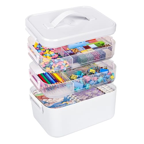 13.3 QT Art Supply Organizer Box with Handle, White 3-Tier Stackable Craft Storage Container with Removable Trays for Markers, Paints, Beads and Sewing Accessories 11.1''x7.7''x9.1'' - color: 3 Layer-White