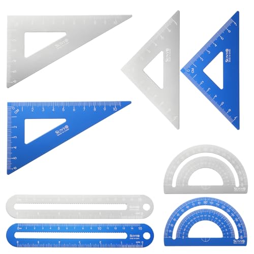 HARFINGTON 8pcs Triangular Ruler Set 15cm/6" Aluminum Alloy Straight Geometric Protractor Triangle Engineering Scale Drafting Ruler Kit Measuring Drawing Tool for Classroom Home, Silver/Blue - color: Silver/Blue