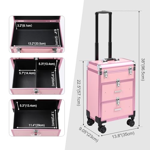 3 in 1 Rolling Makeup Case, Professional Cosmetology Case on Wheels, Detachable Clear Makeup Bag & Nail Polish Organizer, Portable Makeup Trolley with Drawers for Makeup Artists & Nail Technicians - color: Pink